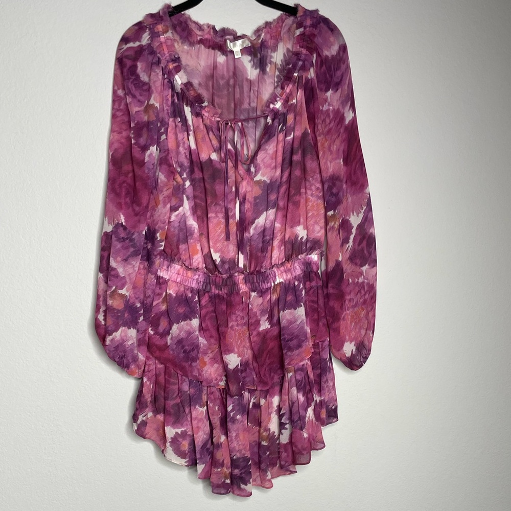 LOVESHACKFANCY Ruffled Popover Pink Purple Floral Silk Mini Dress L - Picture 2 of 12
